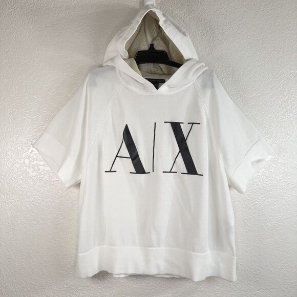 Armani Exchange A|X Cropped Hoodie Shirt XS White Short Sleeve 100% Cotton - Picture 1 of 8